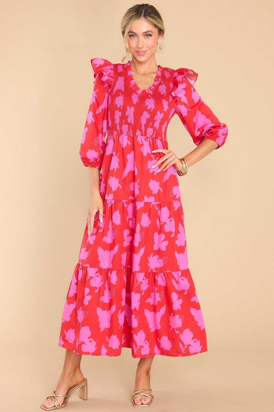 Clothing Red Dress Midi Dresses | Things Change Floral Midi Dress Red