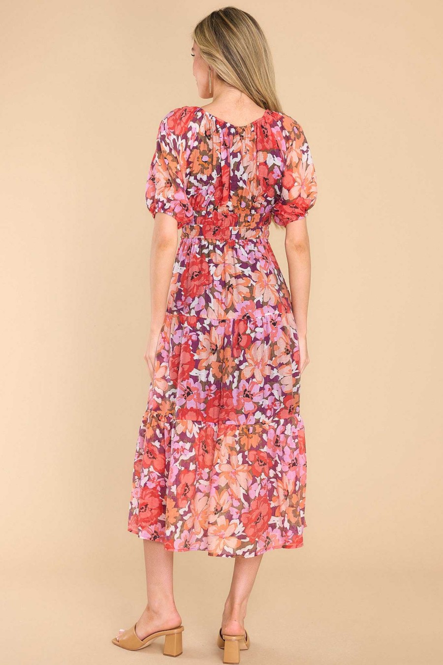 Clothing MINKPINK Midi Dresses | Zanita Bright Floral Print Tie Midi Dress Red