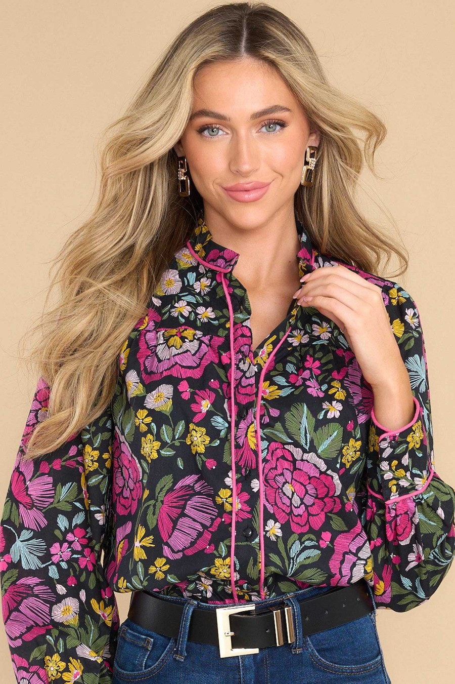 Clothing Red Dress Casual Tops | In An Instant Floral Print Top Black