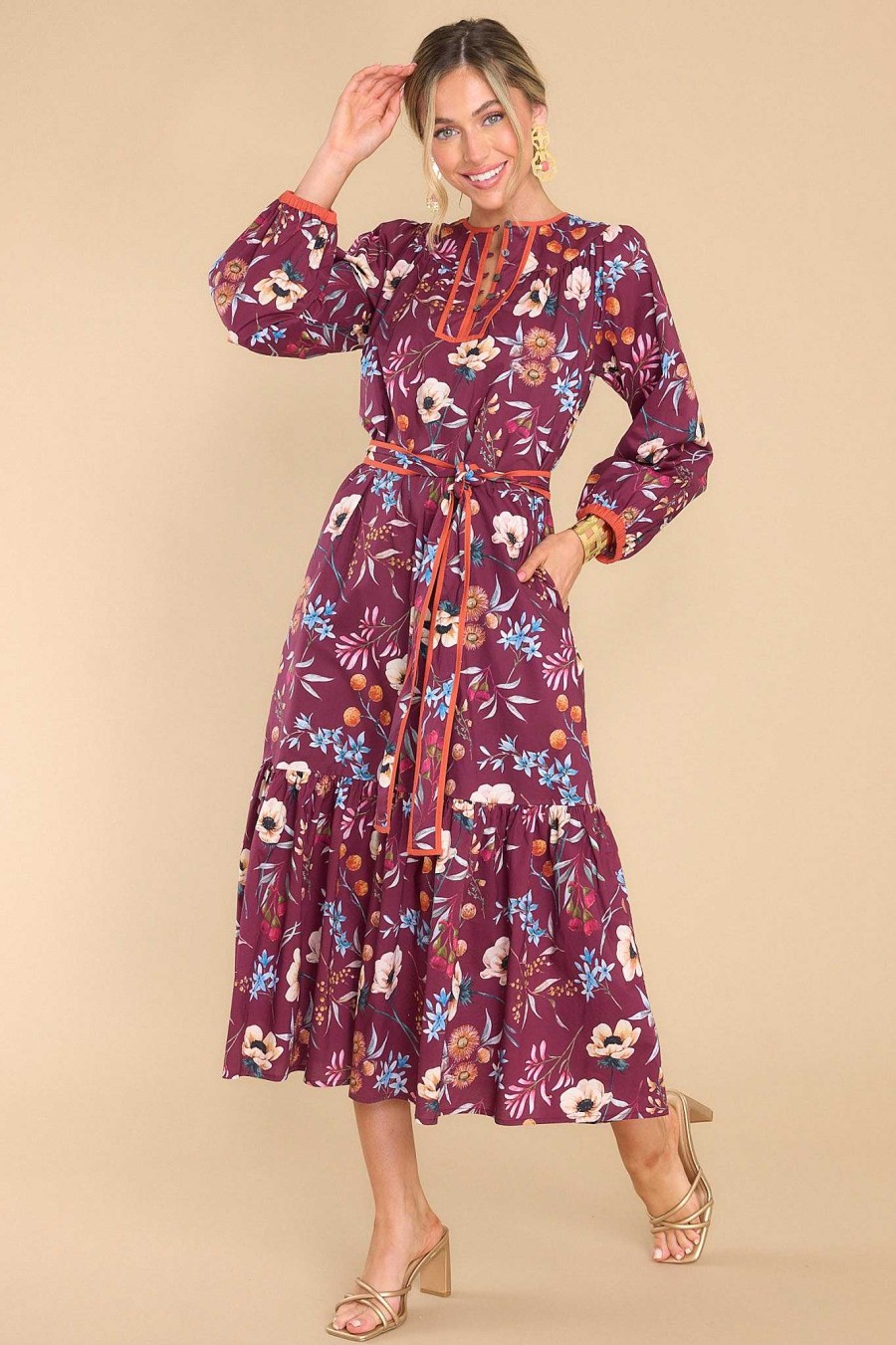 Clothing Olivia James The Label Midi Dresses | Maeve Anemone Raspberry Midi Dress Burgundy
