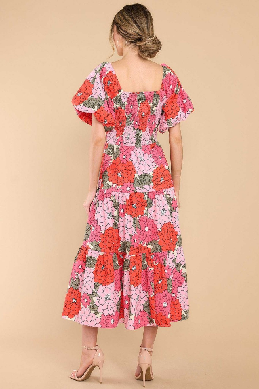 Clothing Red Dress Midi Dresses | The Only Path Floral Midi Dress Pink