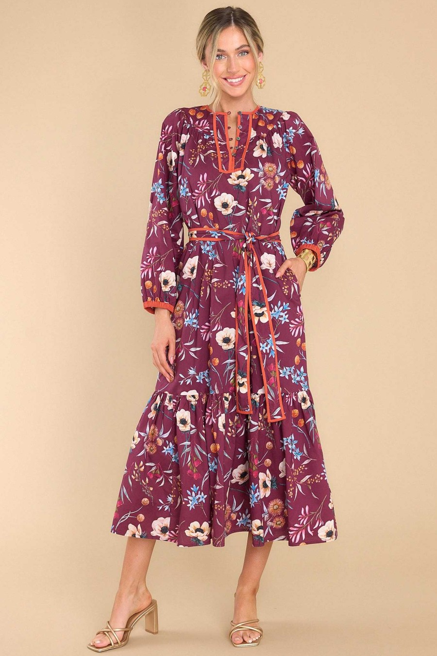 Clothing Olivia James The Label Midi Dresses | Maeve Anemone Raspberry Midi Dress Burgundy