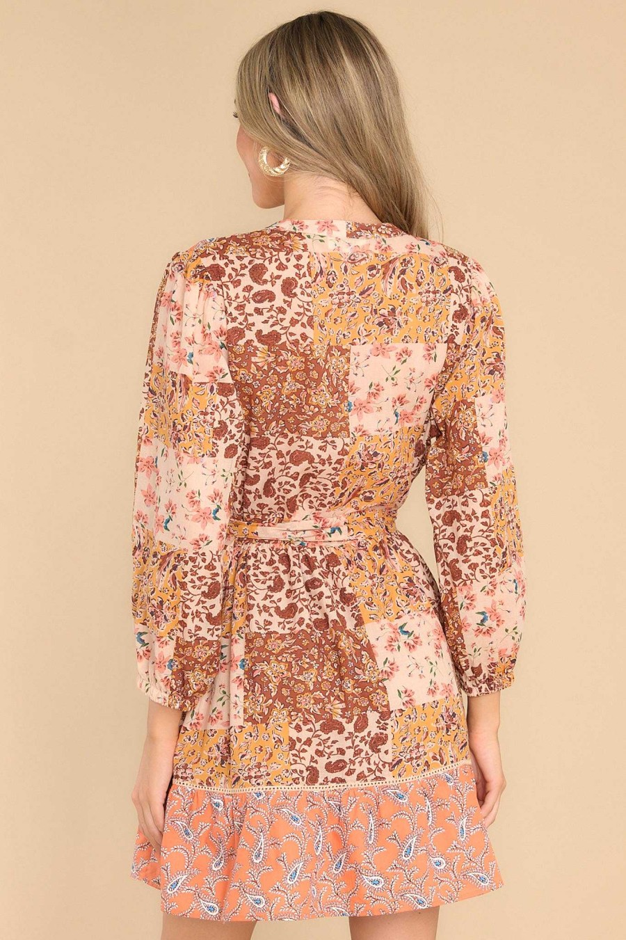 Clothing Red Dress Mini Dresses | Burning Stories Brown Patchwork Mini Dress Light Brown