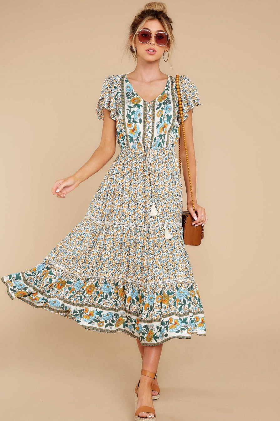 Clothing Red Dress Midi Dresses | Fall For Florals Print Midi Dress Ivory