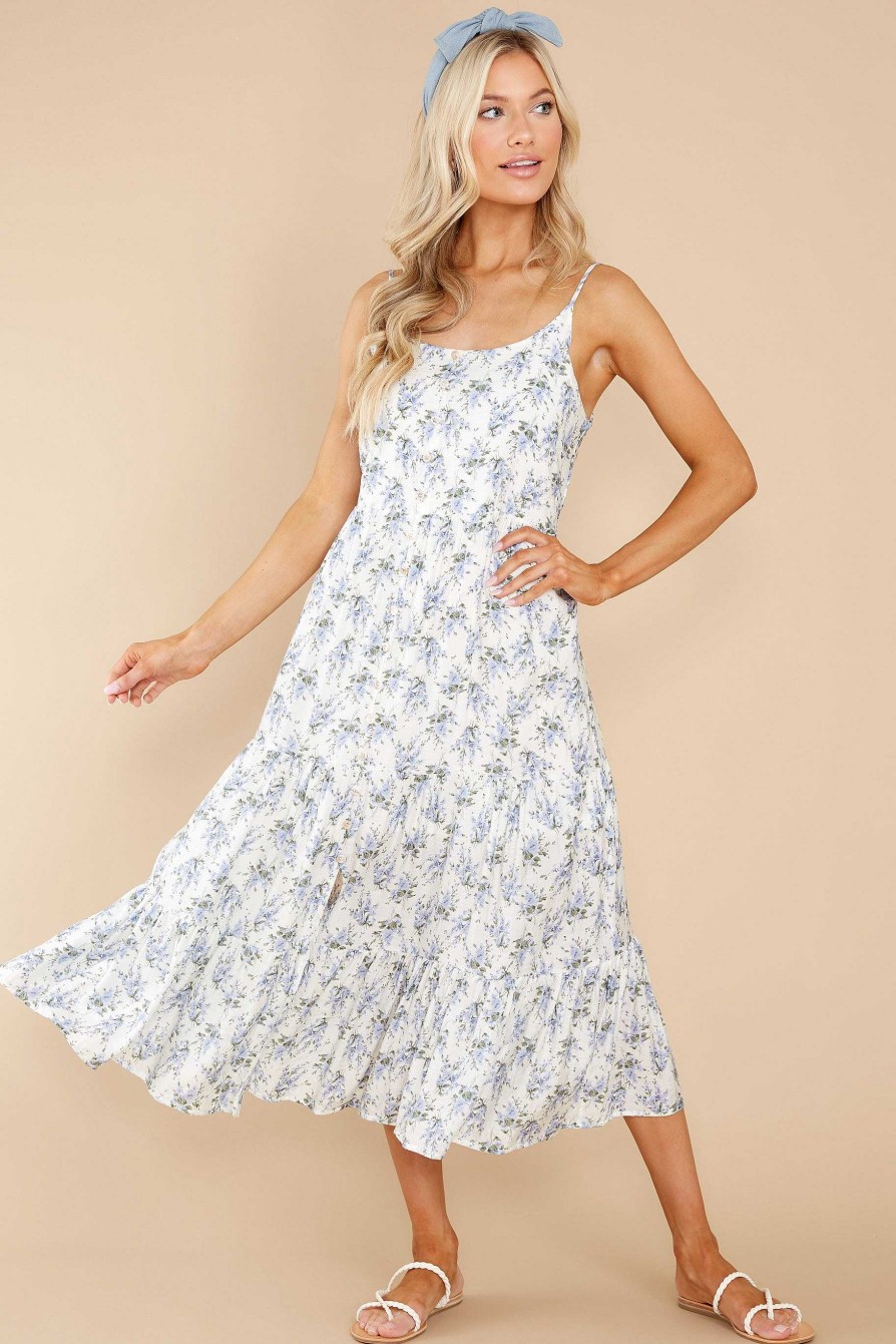 Clothing Red Dress Midi Dresses | New Opportunity And White Floral Print Midi Dress Blue