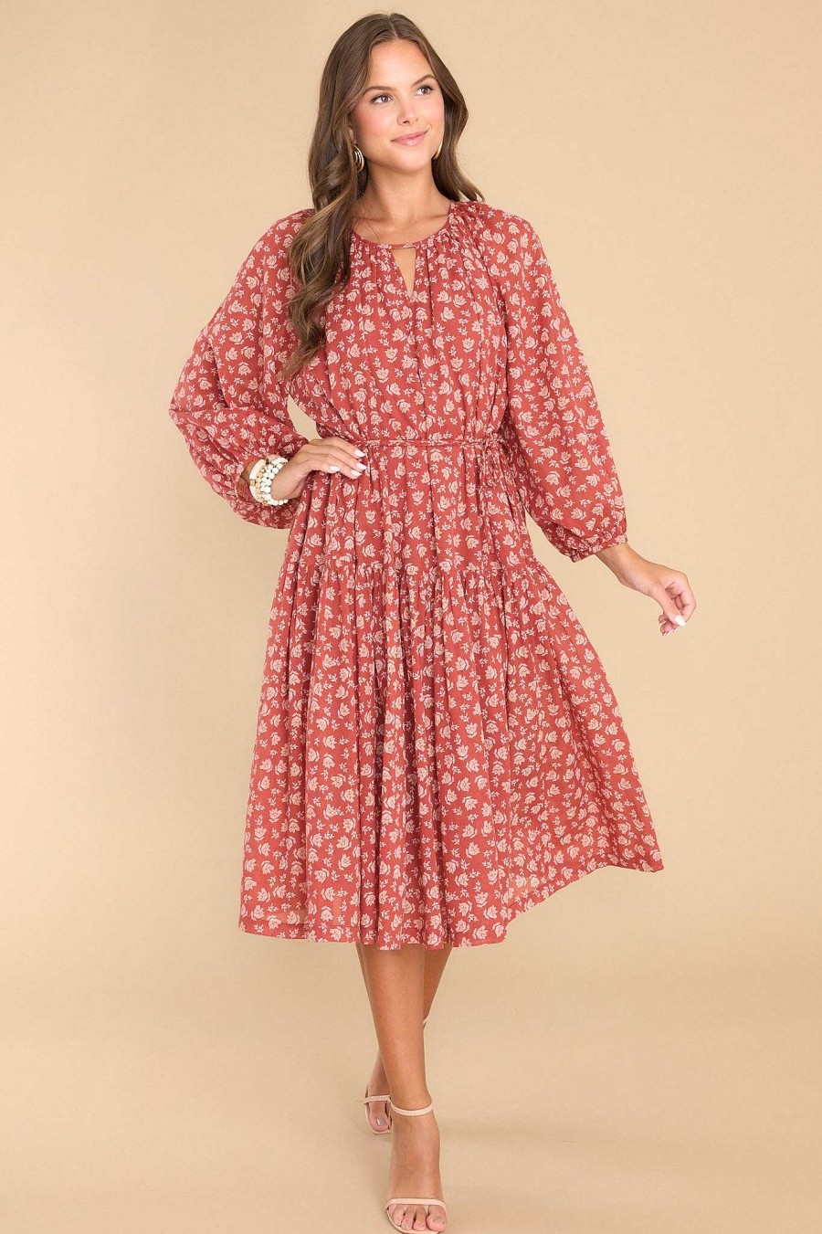 Clothing Red Dress Midi Dresses | Porch Swing Kisses Floral Midi Dress Red