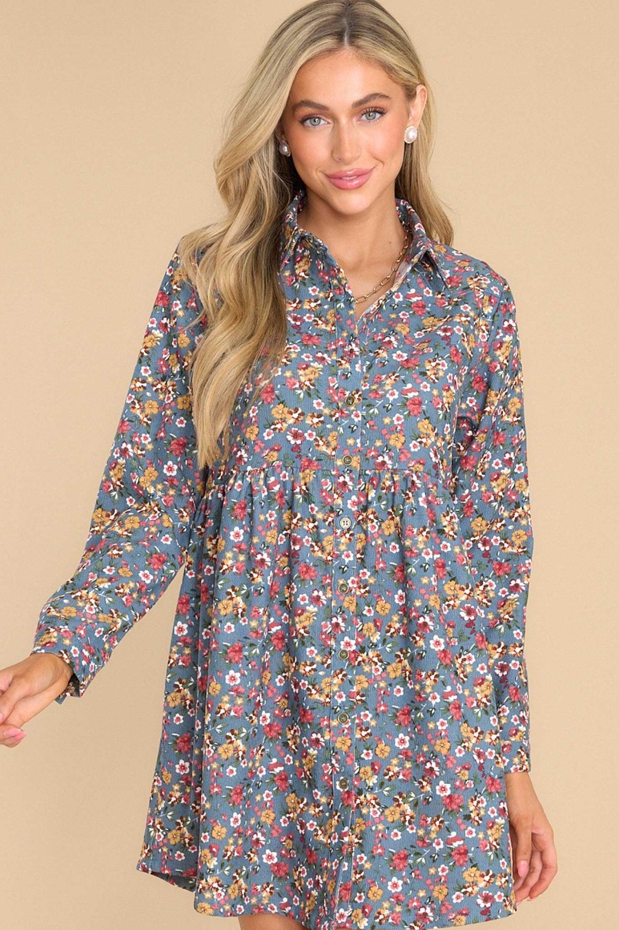 Clothing Red Dress Mini Dresses | Make It Better Floral Print Dress Dusty Blue