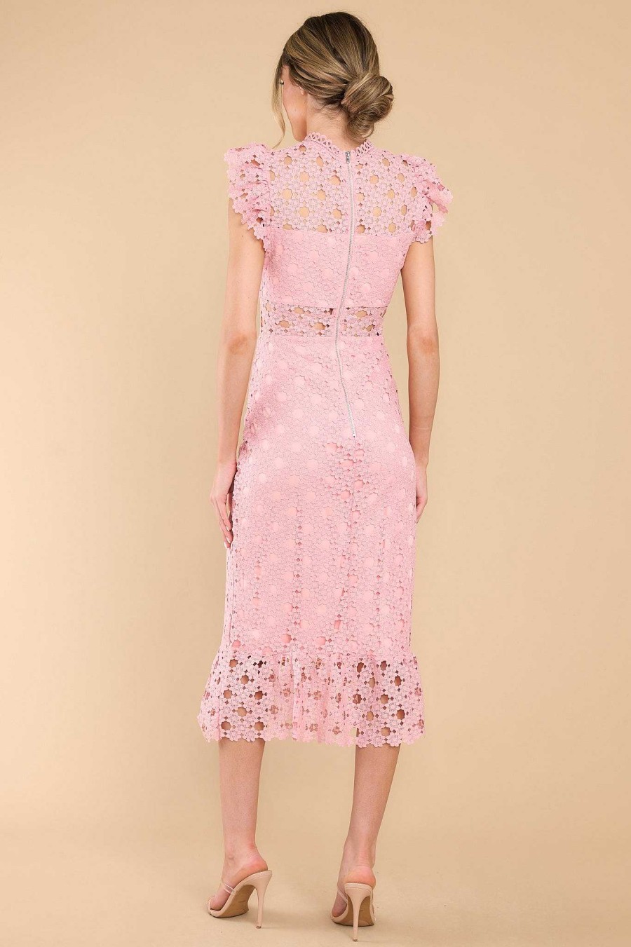Clothing Red Dress Midi Dresses | Love'S High Hopes Crochet Midi Dress Blush Pink