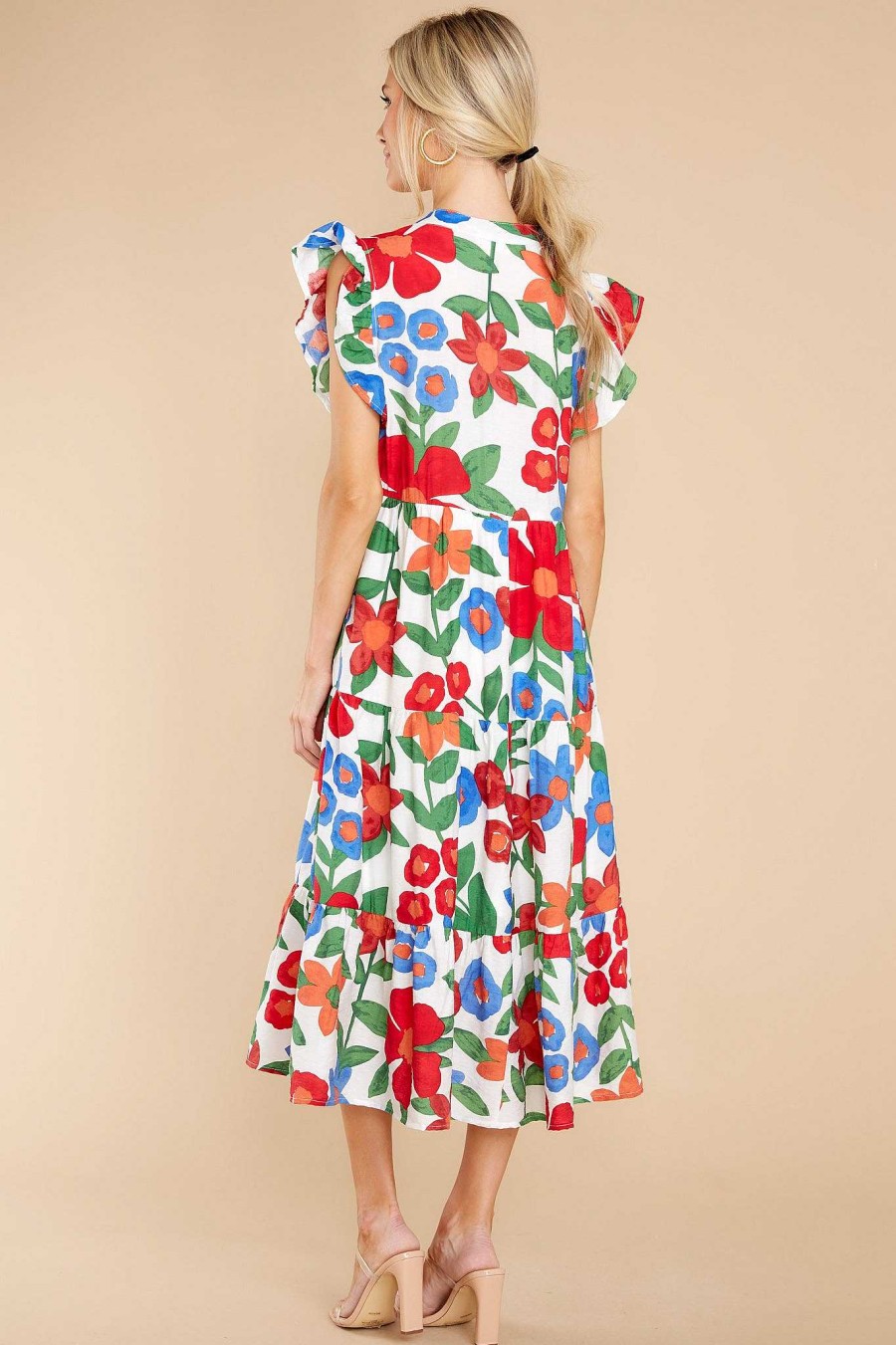 Clothing Red Dress Midi Dresses | Joyful Celebration Multi Floral Print Midi Dress White