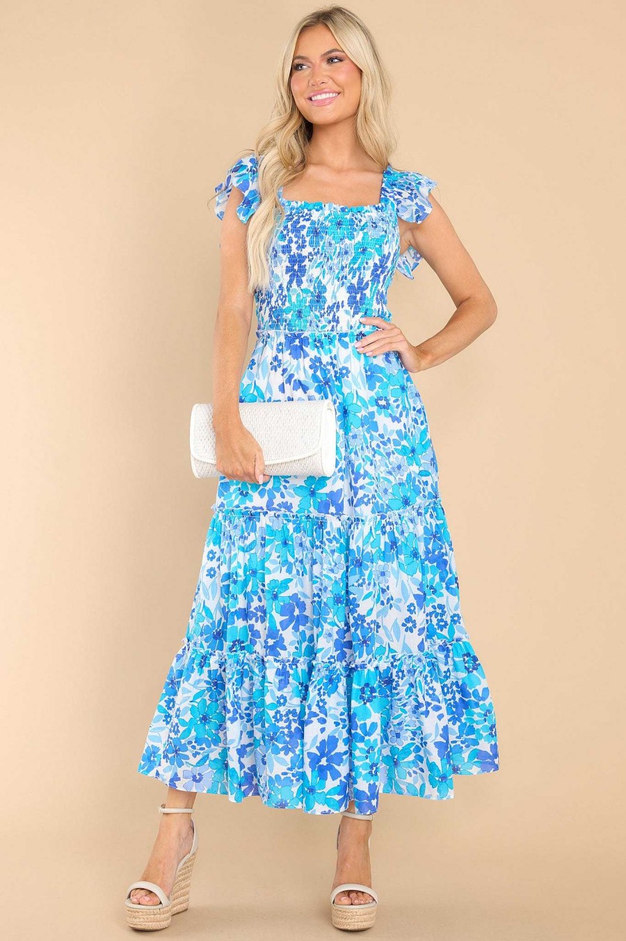 Clothing Red Dress Midi Dresses | Vibrant Romance Floral Midi Dress Blue