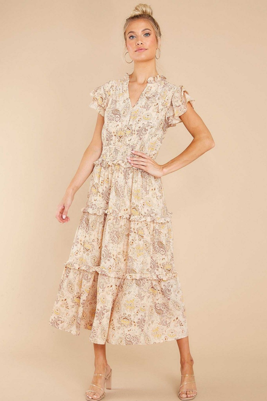Clothing Red Dress Midi Dresses | All My Life Print Midi Dress Ivory Multi