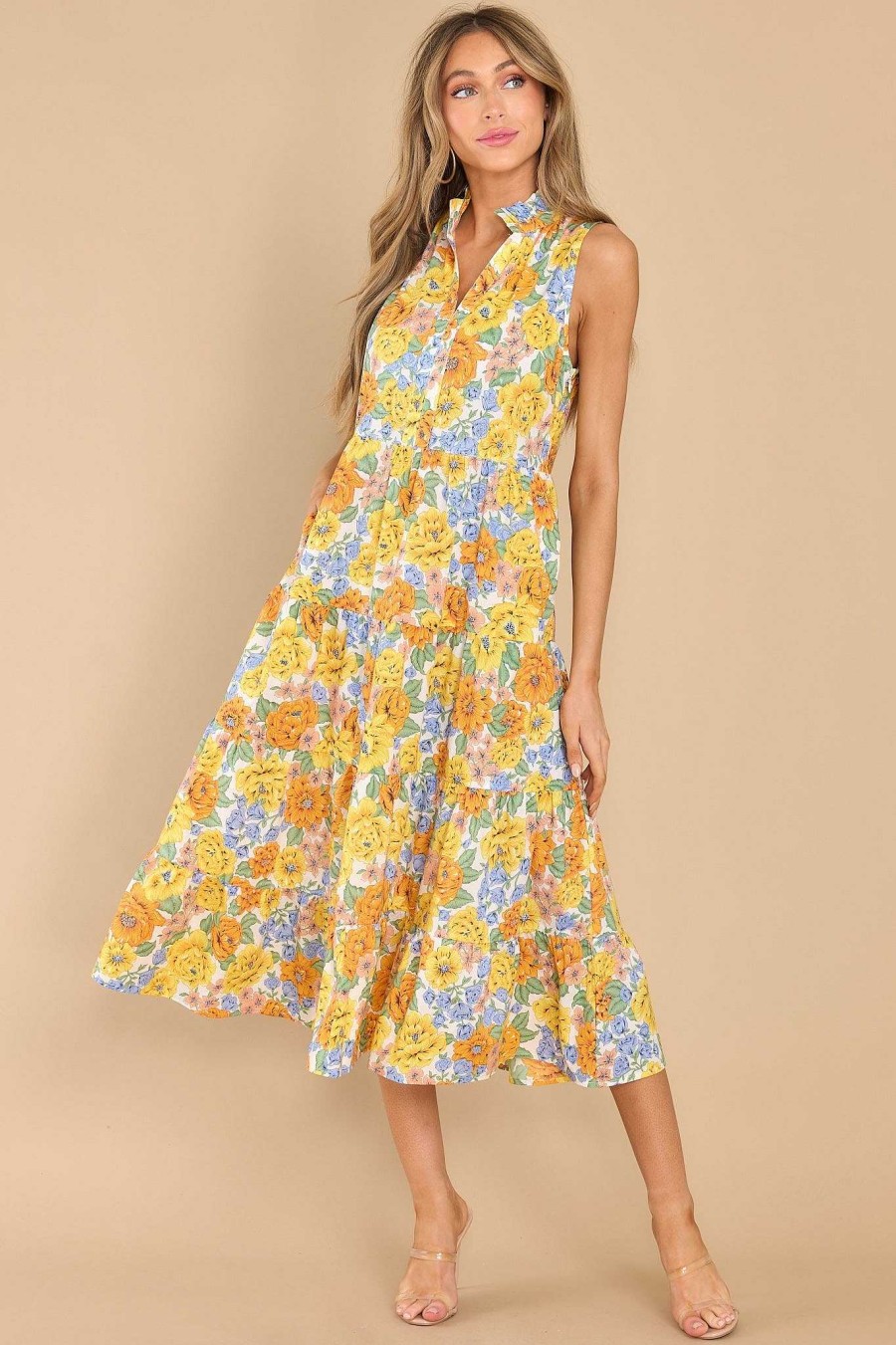 Clothing Red Dress Midi Dresses | Groovy Girl Yellow Floral Midi Dress Ivory Yellow Orange