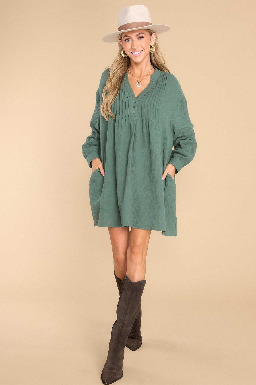 Clothing Red Dress Mini Dresses | So Blissful Gauze Dress Forest Green