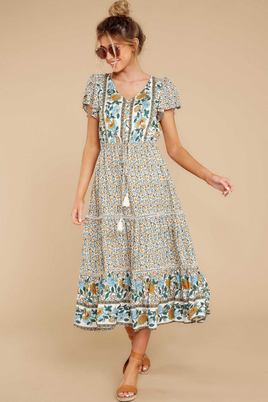 Clothing Red Dress Midi Dresses | Fall For Florals Print Midi Dress Ivory