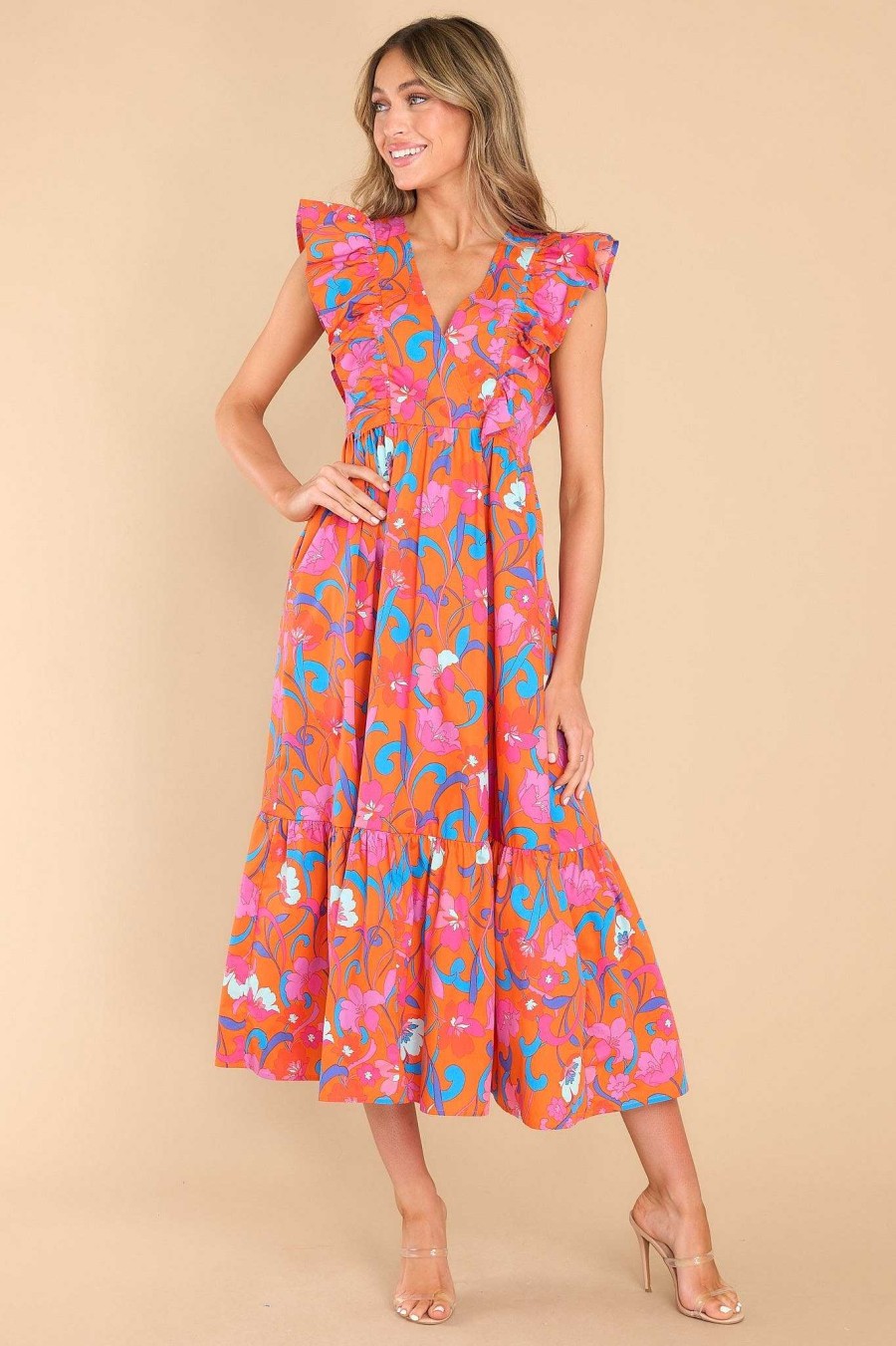 Clothing Red Dress Midi Dresses | Let Love In Floral Print Midi Dress Orange