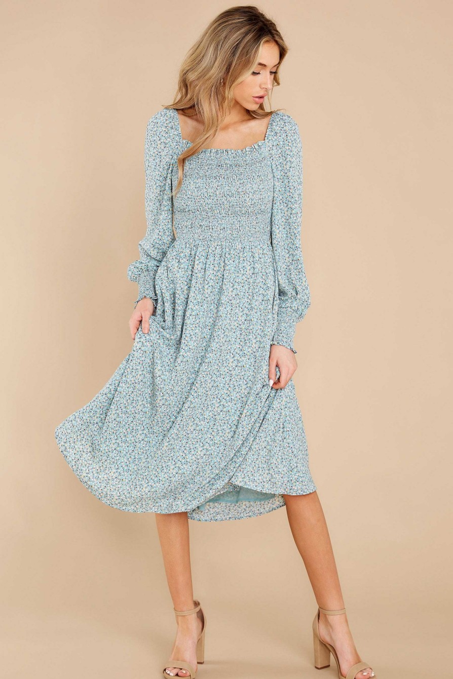 Clothing Aura Mini Dresses | Precious Keepsake Floral Print Midi Dress Mint