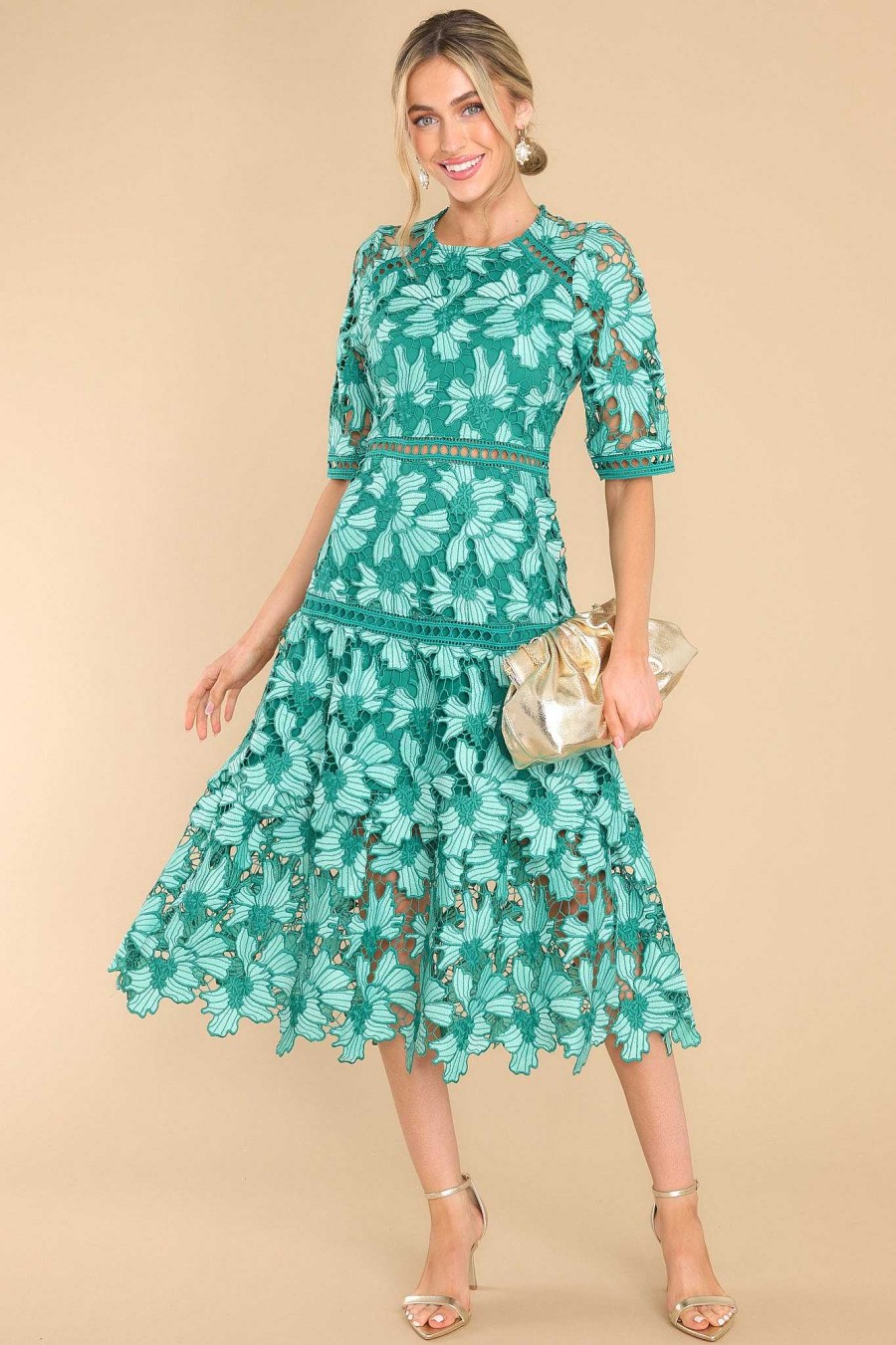 Clothing Red Dress Midi Dresses | Get To The Point Lace Midi Dress Emerald