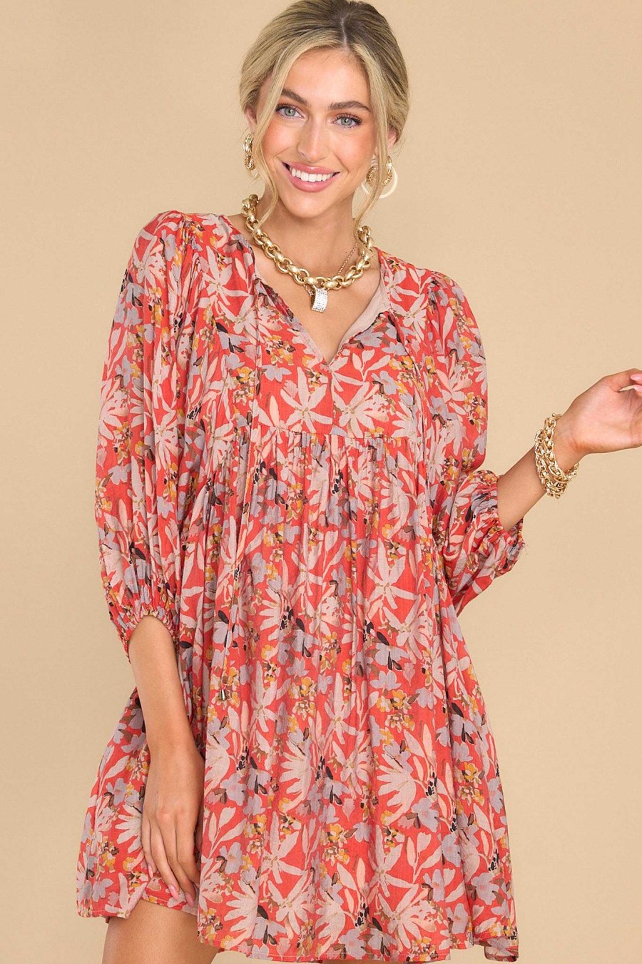Clothing Red Dress Mini Dresses | All Dreamers Floral Print Dress Rust