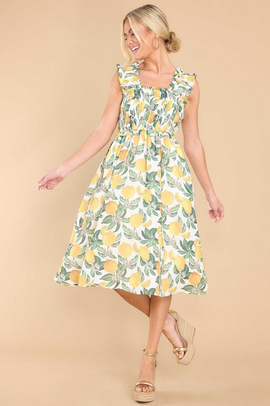 Clothing Red Dress Midi Dresses | Let'S Make Lemonade Print Midi Dress Yellow