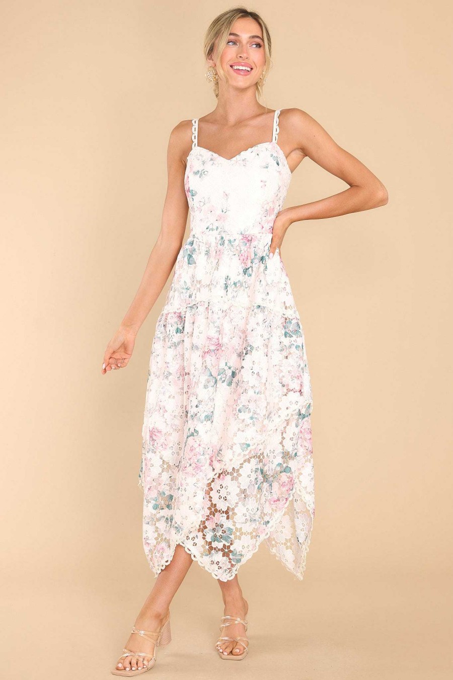 Clothing Red Dress Midi Dresses | Flirt For Fun Floral Print Dress Ivory