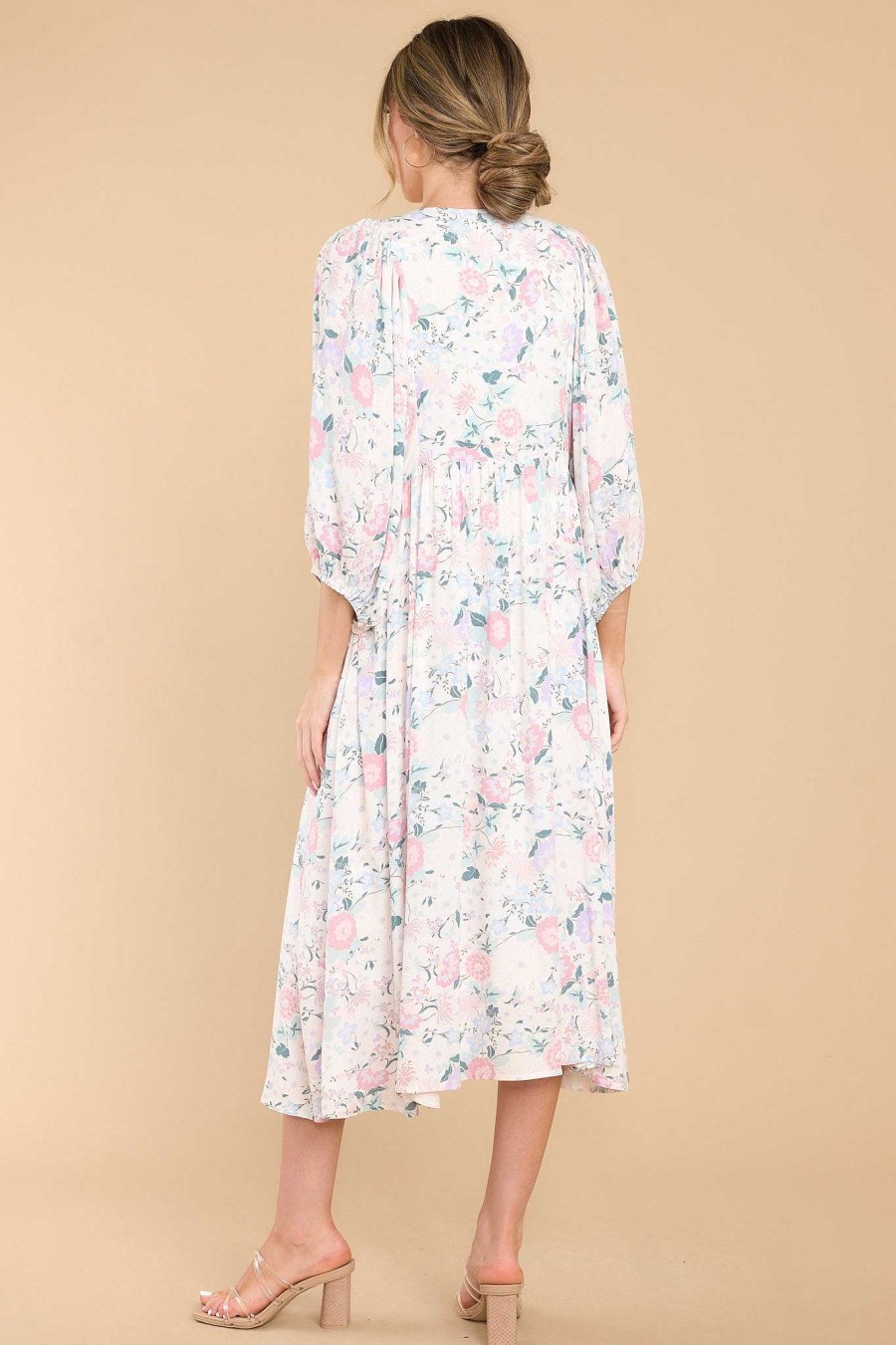 Clothing Red Dress Midi Dresses | Share My Day Floral Midi Dress Ivory