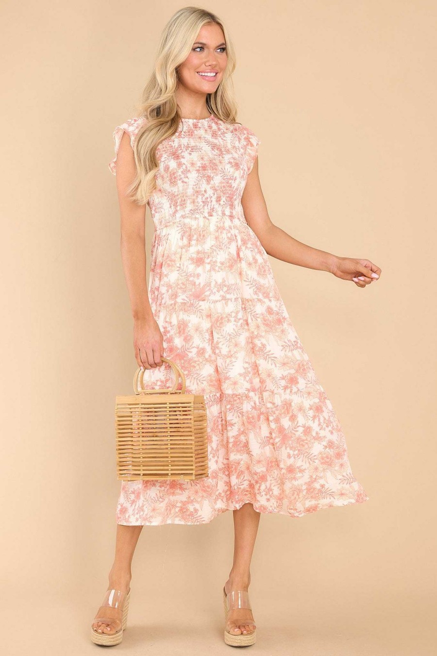 Clothing Red Dress Midi Dresses | Don'T Leave Floral Print Midi Dress Orange