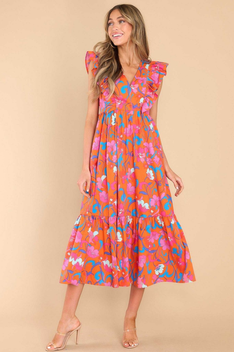 Clothing Red Dress Midi Dresses | Let Love In Floral Print Midi Dress Orange