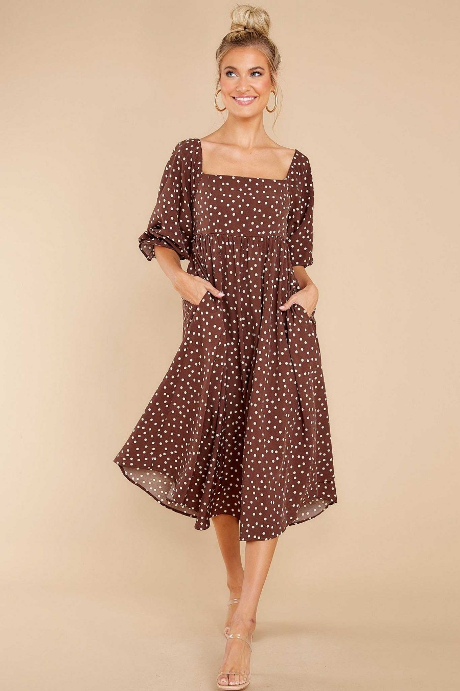 Clothing Red Dress Midi Dresses | Smart And Polished Mocha Polka Dot Midi Dress Brown