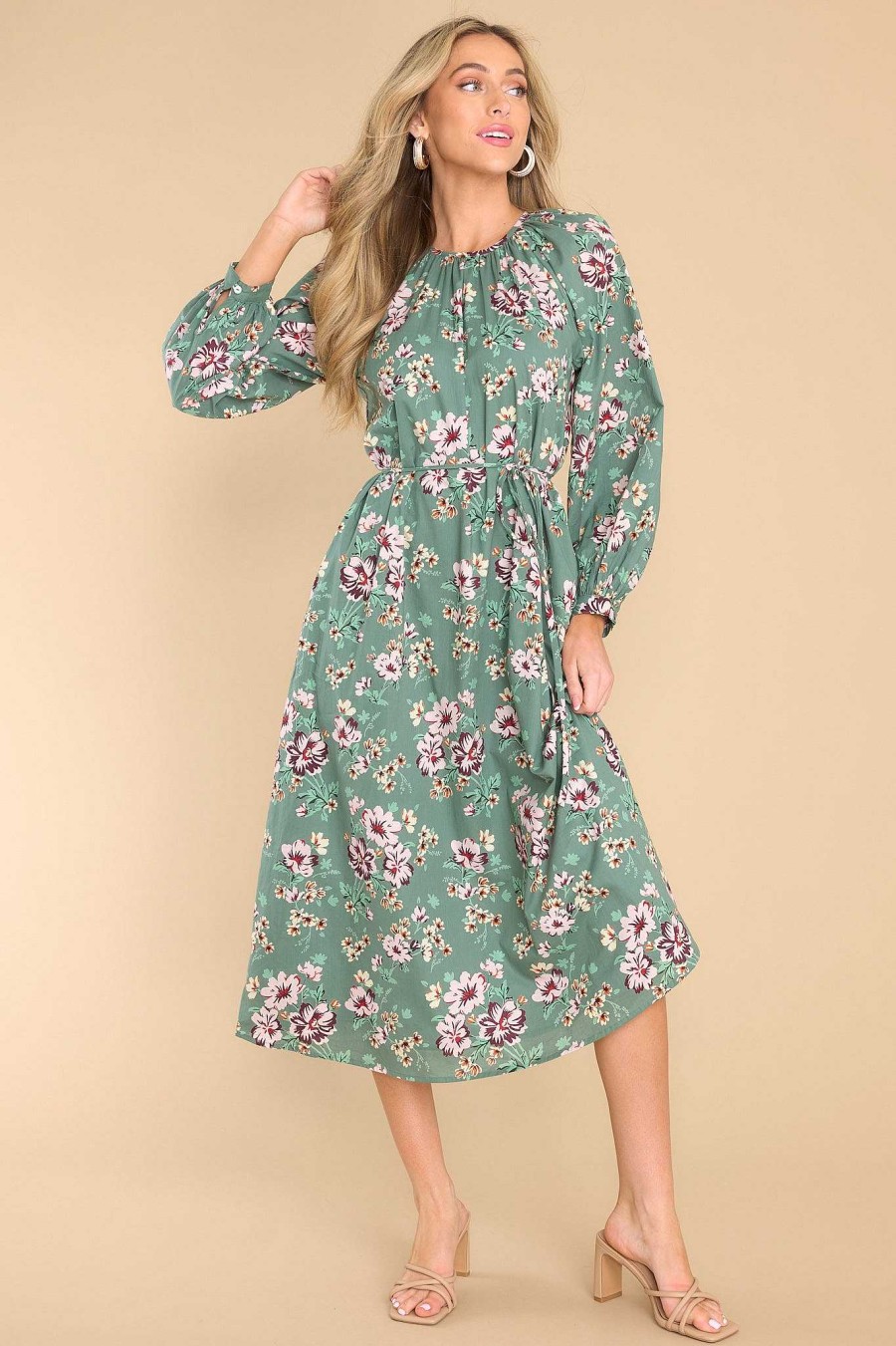 Clothing Olivia James The Label Midi Dresses | Evelyn Apres Floral Dress Sage