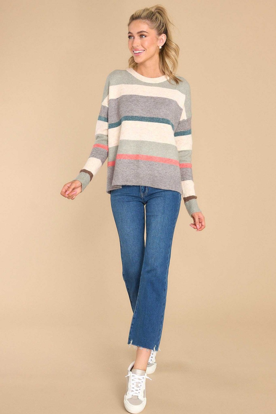 Clothing Red Dress Casual Tops | Need More Time Stripe Sweater Sage