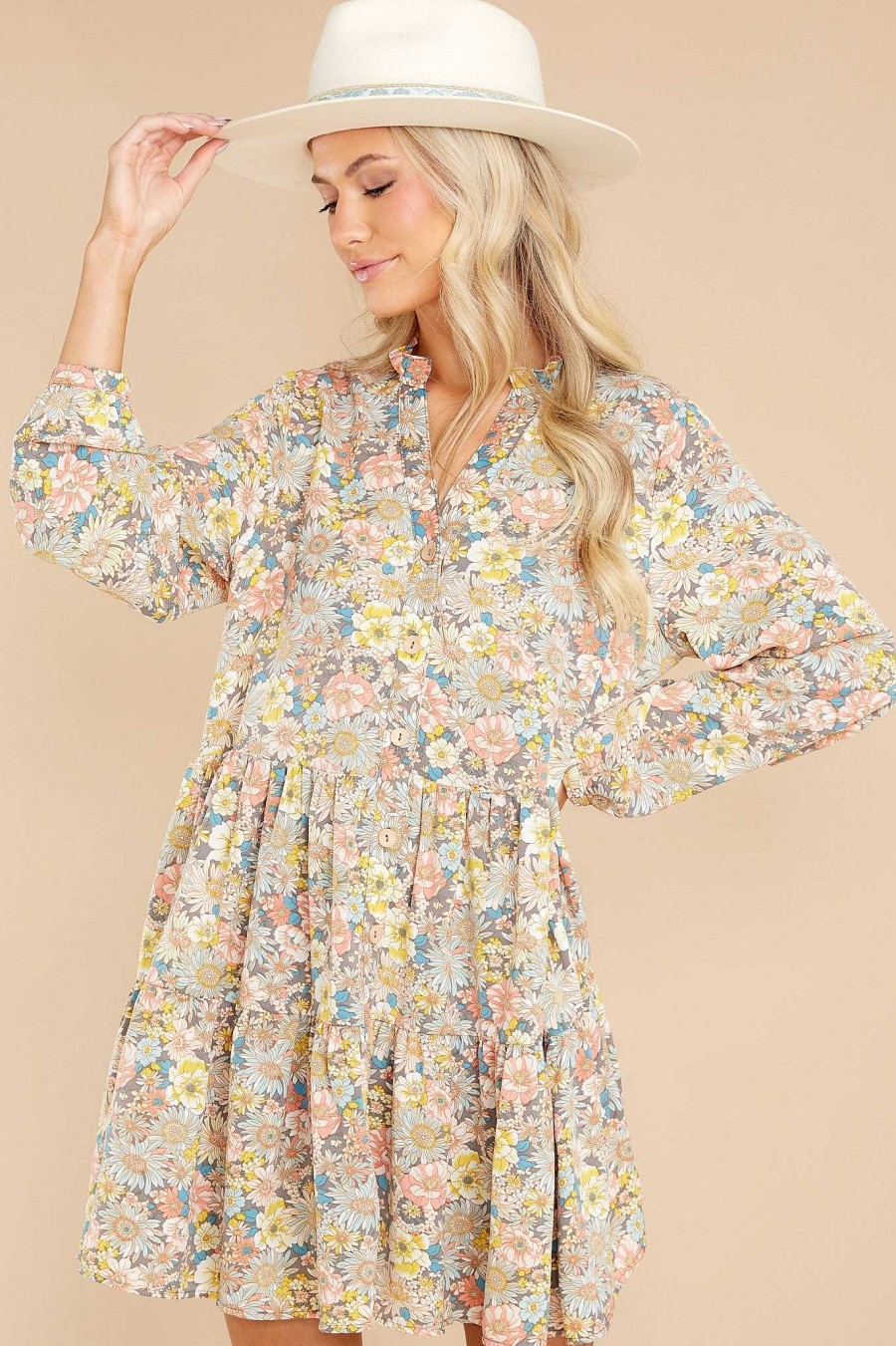 Clothing Red Dress Mini Dresses | Delighted By You Ivory Multi Floral Print Dress Delighted Ivory