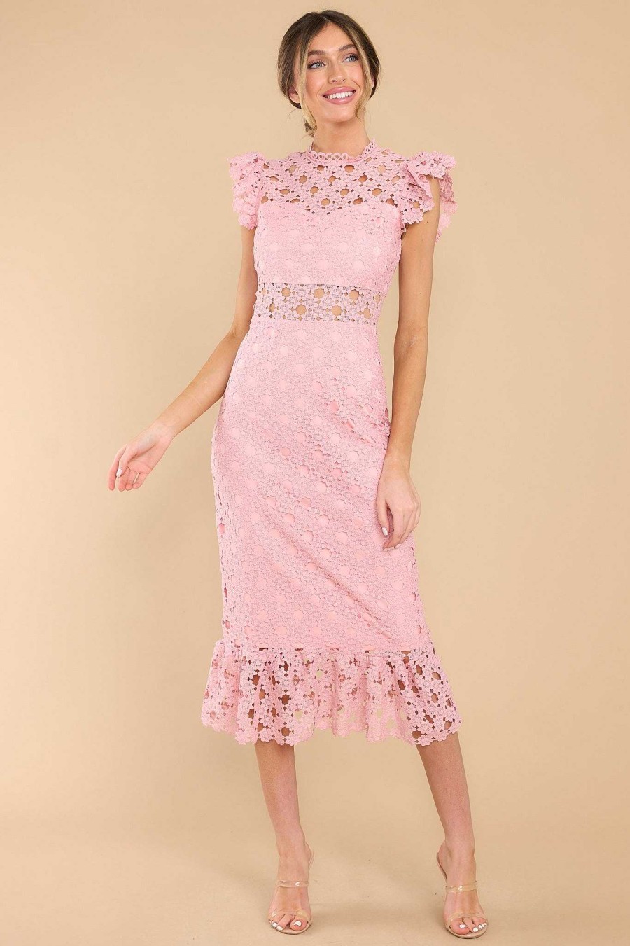 Clothing Red Dress Midi Dresses | Love'S High Hopes Crochet Midi Dress Blush Pink