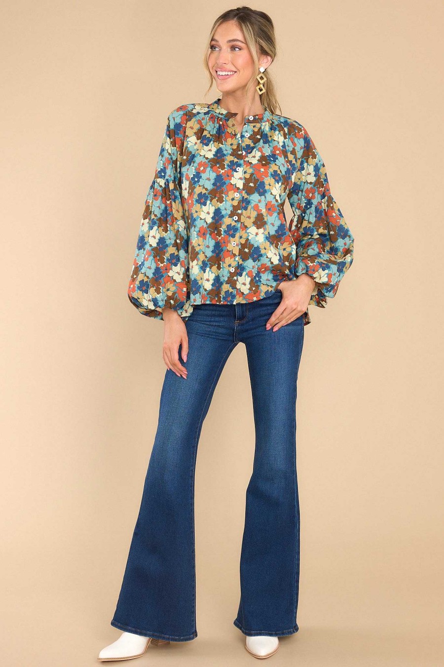 Clothing Olivia James The Label Blouses & Shirts | Emory Fleur Multi Top Blue