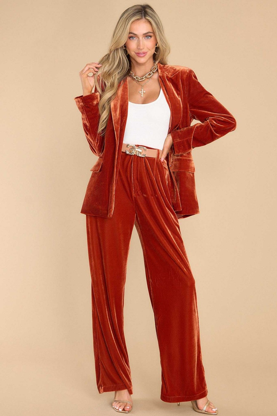 Clothing Red Dress Two Piece Sets | Watch It Play Out Faux Velvet Blazer Ginger