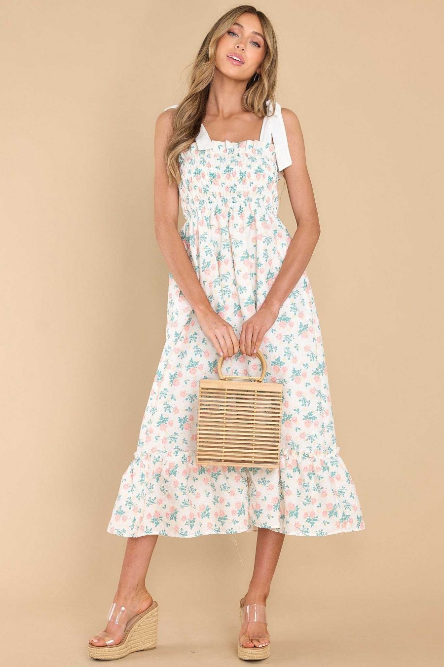Clothing Red Dress Midi Dresses | Camera Shy Floral Print Cotton Midi Dress Peach