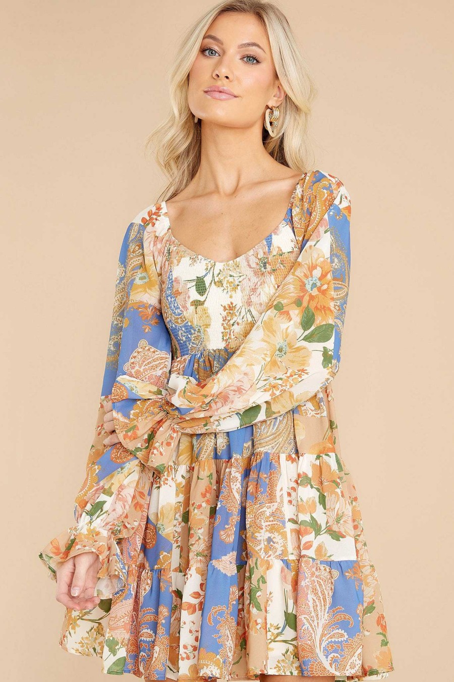 Clothing Red Dress Mini Dresses | Natural Beauty Blue Multi Print Dress Taupe