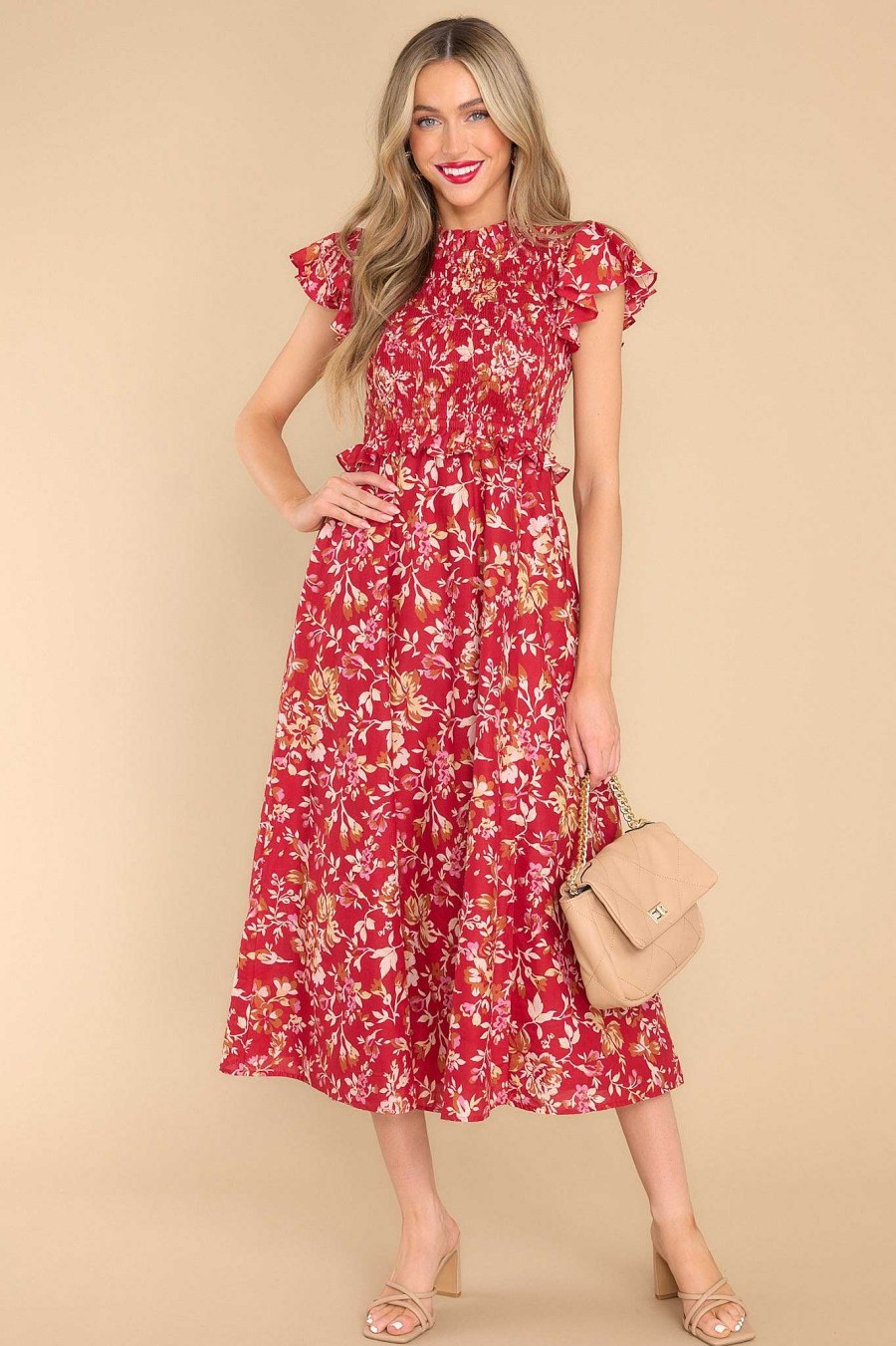 Clothing Olivia James The Label Midi Dresses | Lila Lodge Floral Dress Red