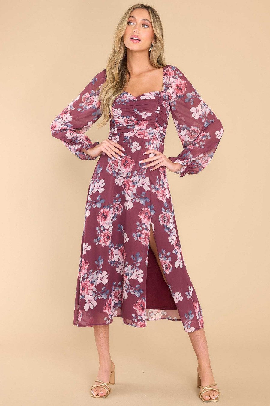 Clothing Red Dress Midi Dresses | What A Sweetheart Floral Print Midi Dress Burgundy