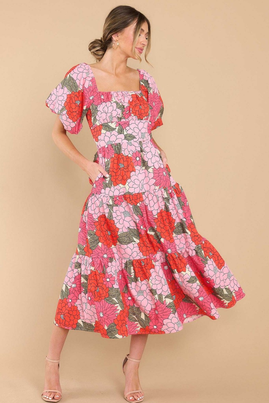 Clothing Red Dress Midi Dresses | The Only Path Floral Midi Dress Pink