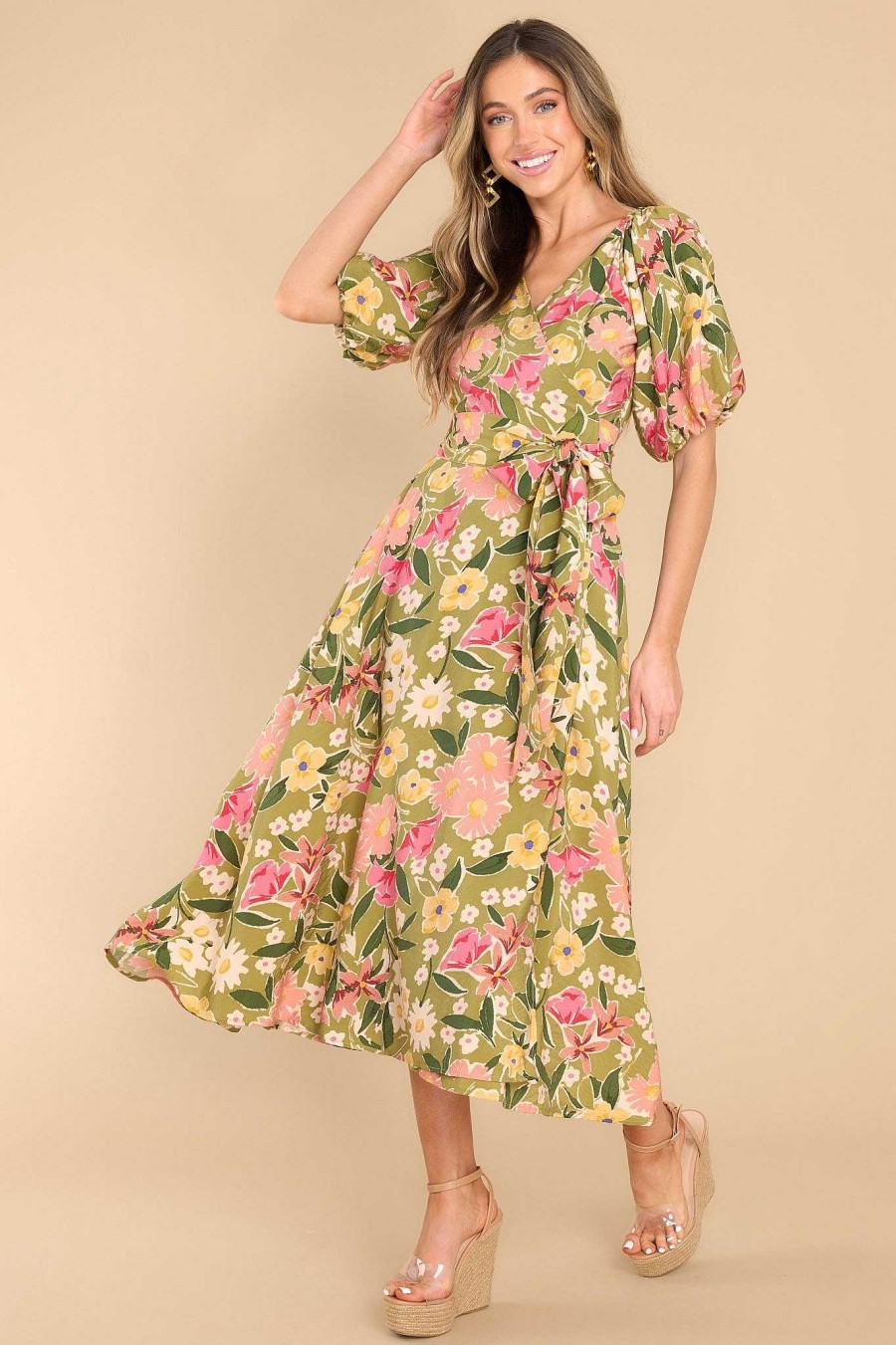 Clothing Red Dress Midi Dresses | All Is Well Floral Midi Dress Green