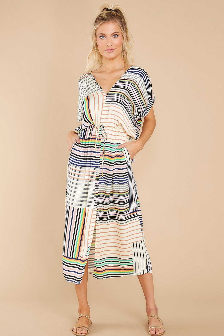 Clothing Red Dress Midi Dresses | Captivated By You Multi Stripe Midi Dress White