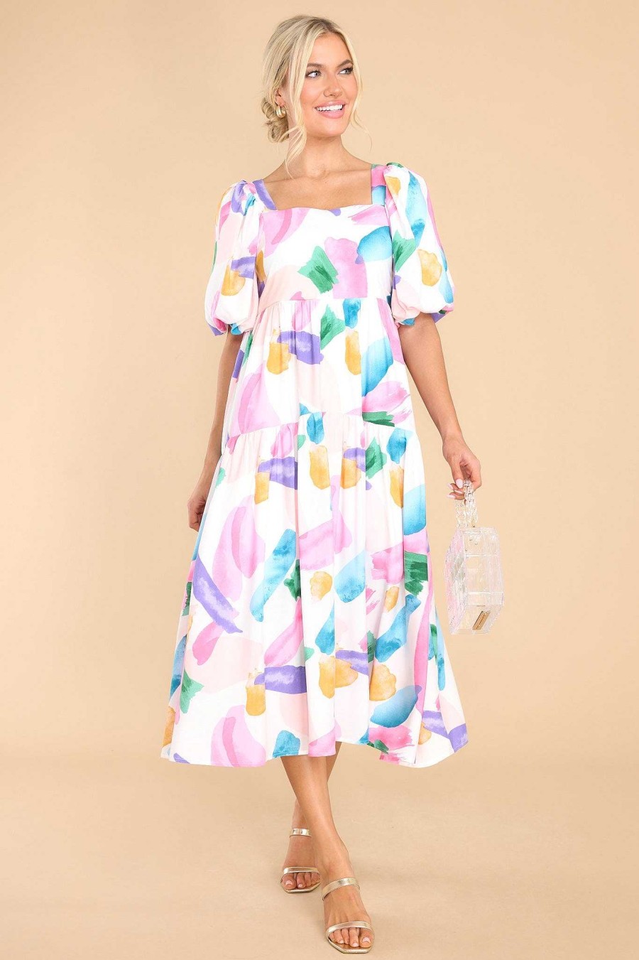 Clothing Red Dress Midi Dresses | Tell My Heart Multi Print Midi Dress Pink