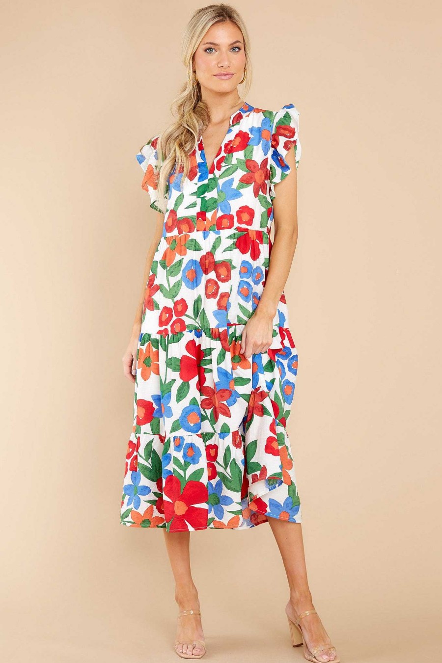 Clothing Red Dress Midi Dresses | Joyful Celebration Multi Floral Print Midi Dress White