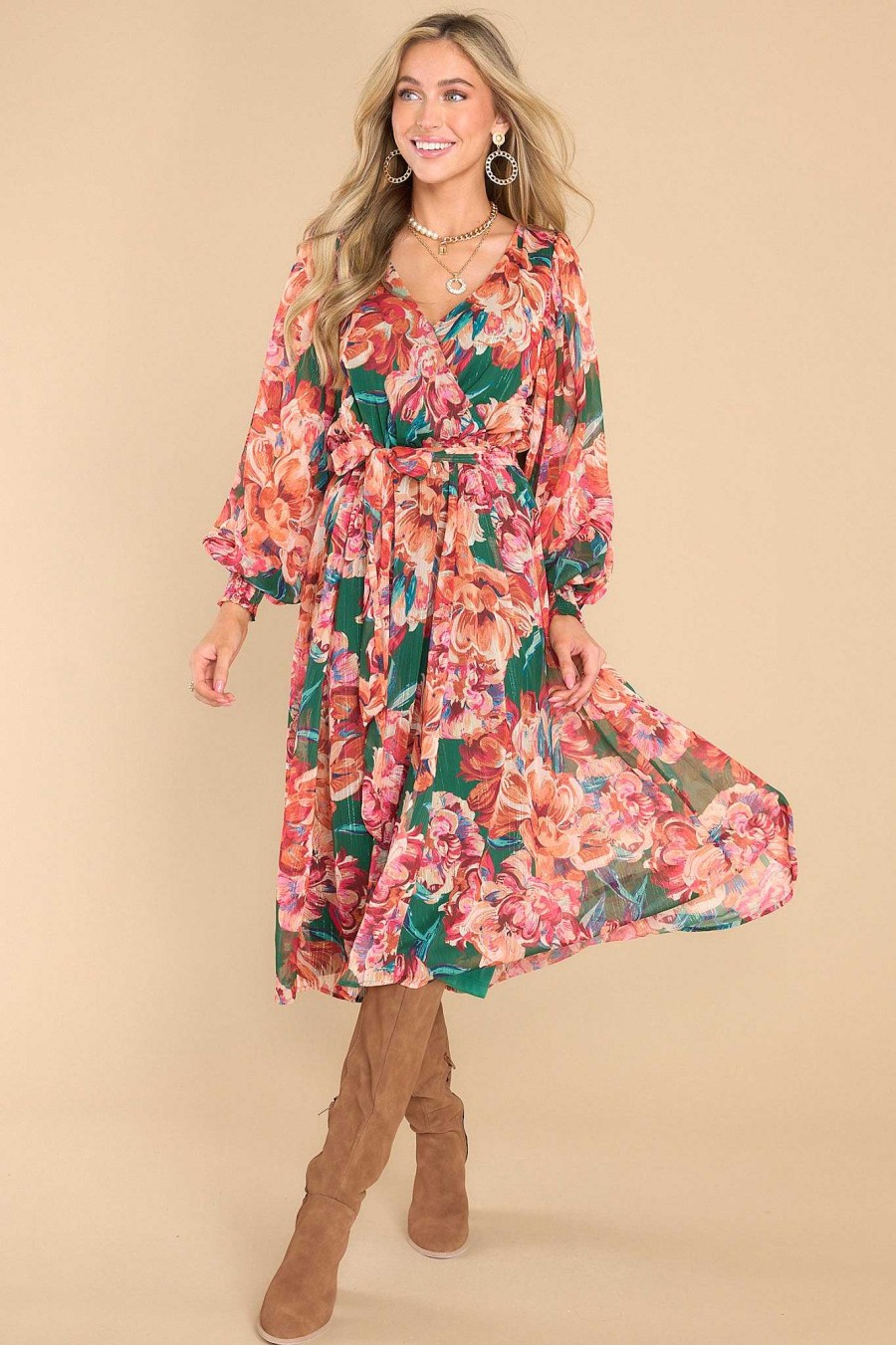 Clothing Red Dress Midi Dresses | After Party Hours Floral Print Midi Dress Green