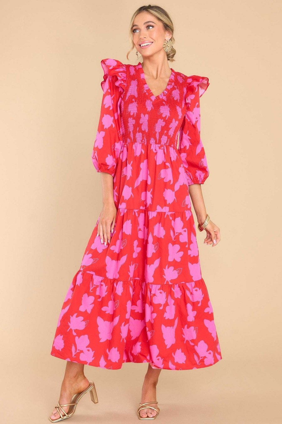 Clothing Red Dress Midi Dresses | Things Change Floral Midi Dress Red