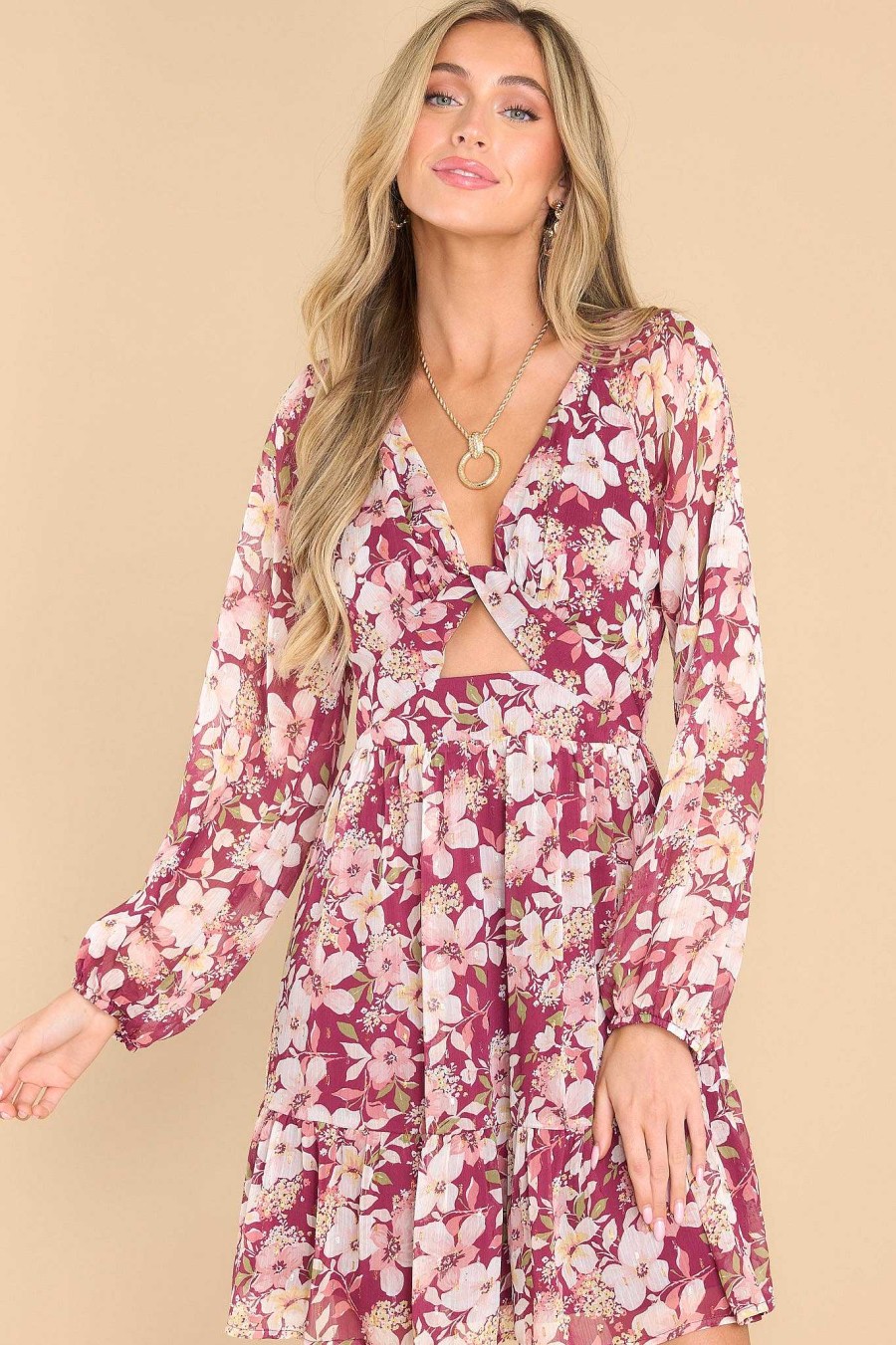 Clothing Red Dress Mini Dresses | Darling Personality Burgundy Floral Print Dress Plum