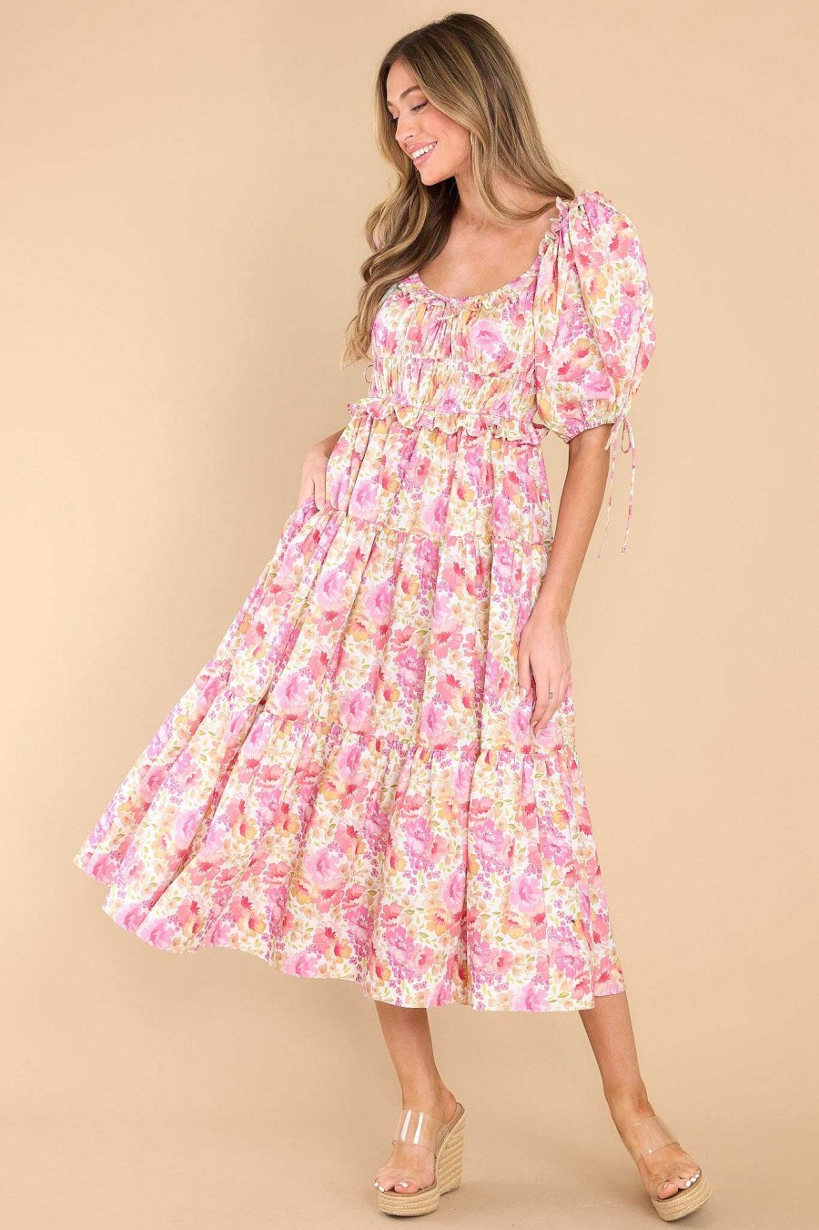 Clothing Red Dress Midi Dresses | Find The Fun Multi Floral Print Midi Dress Pink