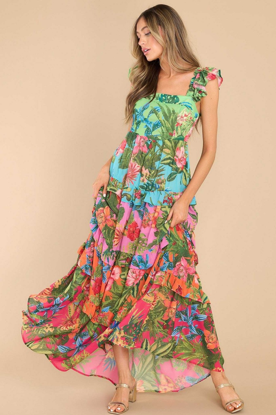 Clothing Red Dress Maxi Dresses | Out Of Control Tropical Print Maxi Dress Green