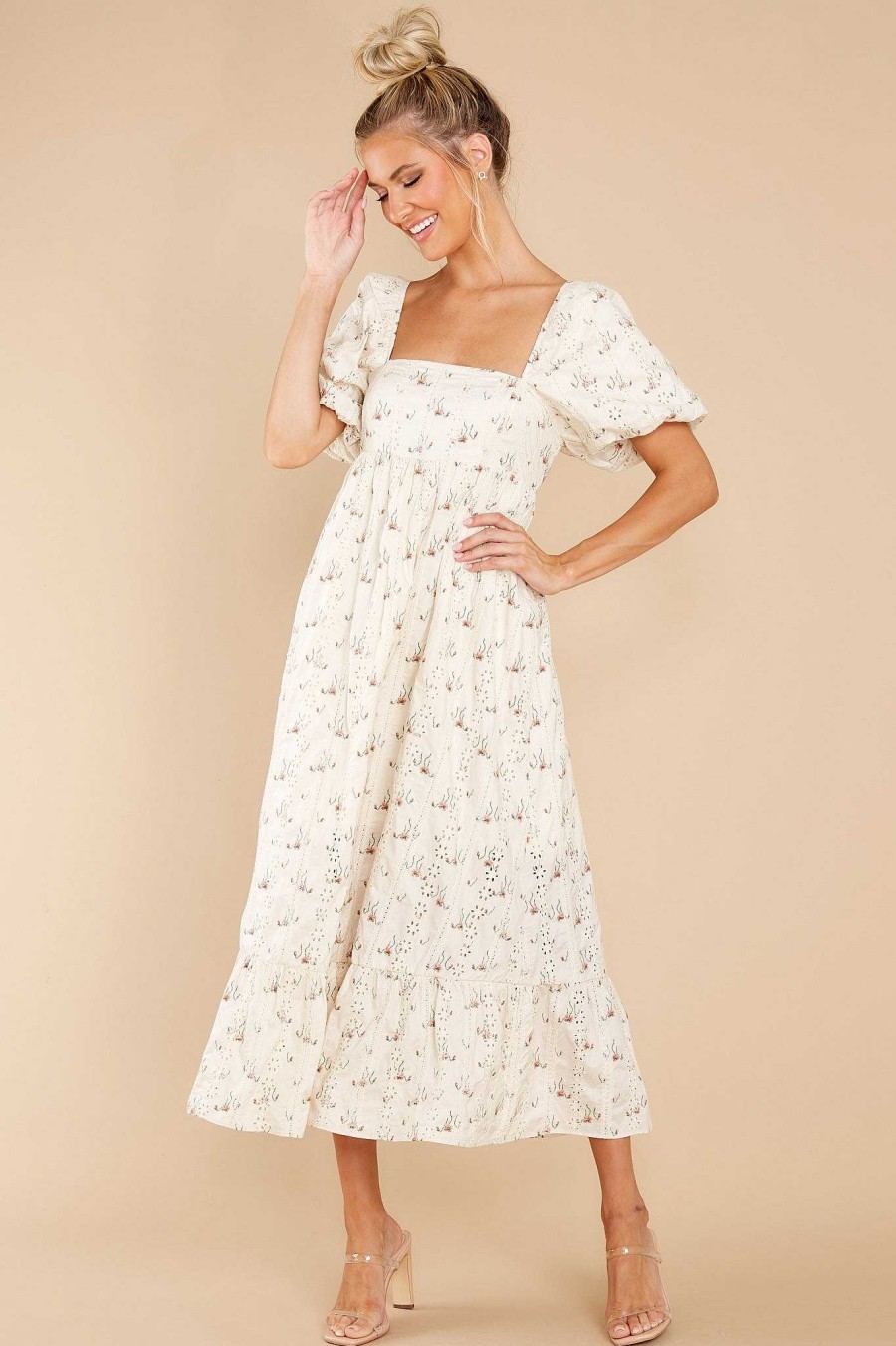 Clothing Red Dress Midi Dresses | Dance It Out Floral Eyelet Midi Dress Ivory