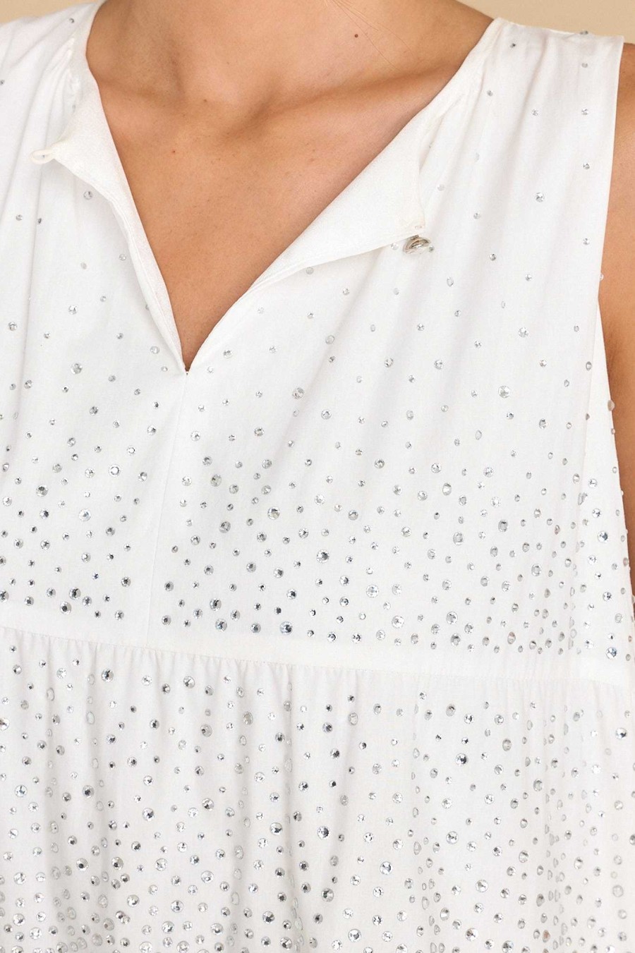Clothing Queen of Sparkles Mini Dresses | Rhinestone Feather Bottom Tank Dress White